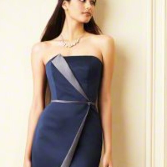 Knee-Length Sleek Satin Bridesmaids Dress, 2-Tone, Navy dress Grey Gray Accents - Picture 3 of 8